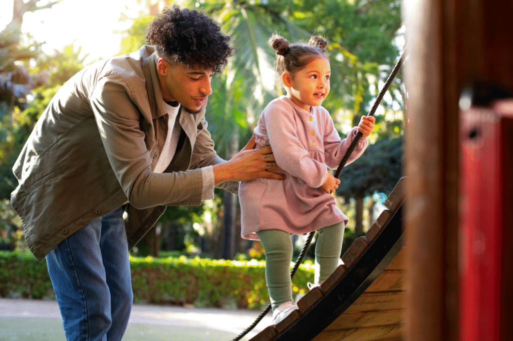 Pai brincando com filha em parque ao ar livre, enquanto ela segura uma corda de escorregador, com ambientes verdes ao fundo.