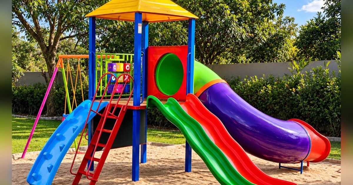 Playground Big Master 121 da Play Rio instalado em area externa, com uma torre coberta com telhadinho, um tobogã fechado, um escorregador ondulado de fibra