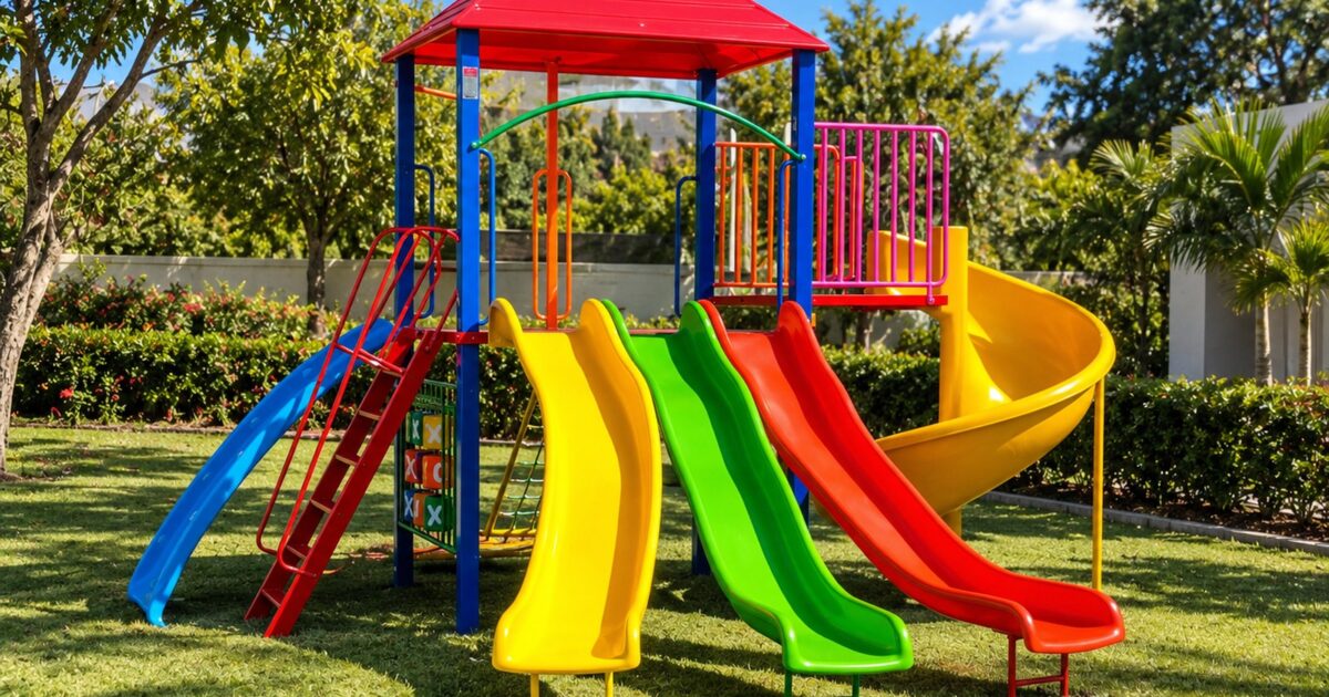 Playground Big Max 123 da Play Rio instalado em area externa, com uma torre coberta com telhadinho, um escorregador caracol, três escorregadores ondulados de fibra